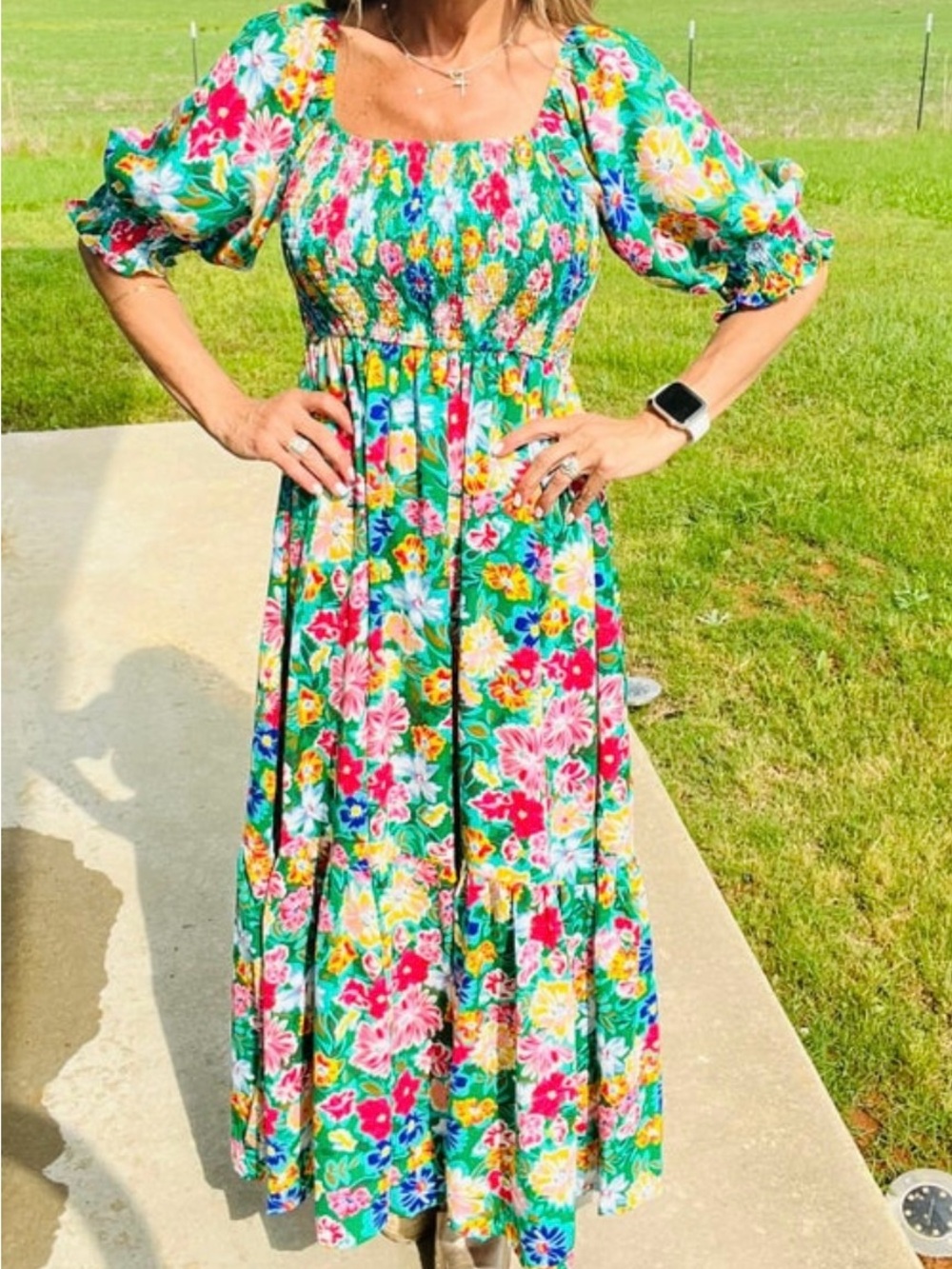 Floral Square-Neck Maxi Dress in Green